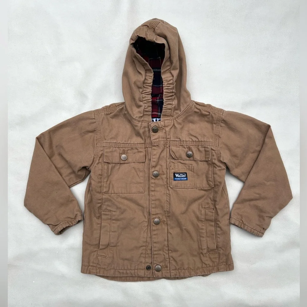 WALLS Tough Wear Tan Snap Flannel Red Plaid Lined Hooded Coat Jacket Boys Kids